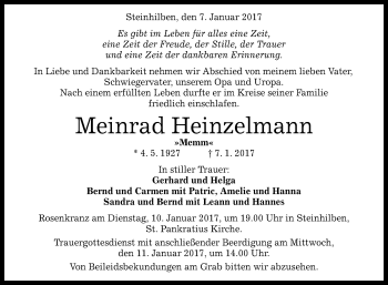 Anzeige von Meinrad Heinzelmann von Reutlinger Generalanzeiger