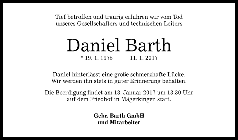  Traueranzeige für Daniel Barth vom 16.01.2017 aus Reutlinger Generalanzeiger