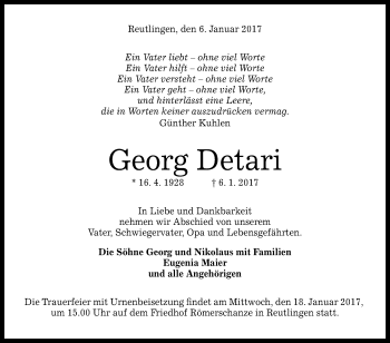 Anzeige von Georg Detan von Reutlinger Generalanzeiger
