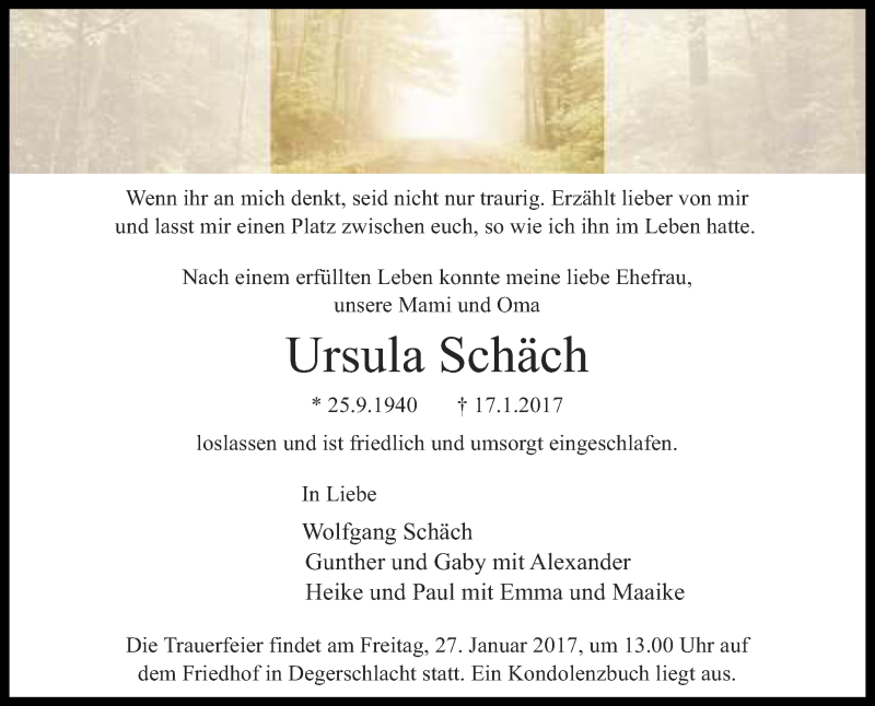  Traueranzeige für Ursula Schäch vom 21.01.2017 aus Reutlinger Generalanzeiger