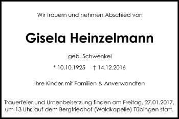 Anzeige von Gisela Heinzelmann von Reutlinger Generalanzeiger