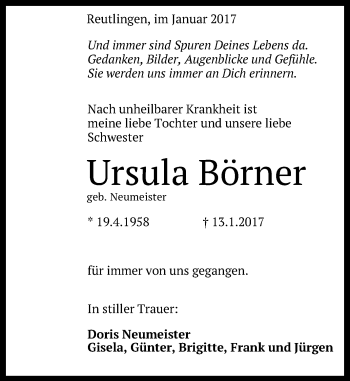 Anzeige von Ursula Börner von Reutlinger Generalanzeiger