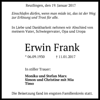 Anzeige von Erwin Frank von Reutlinger Generalanzeiger