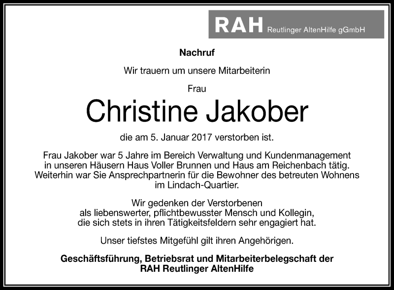  Traueranzeige für Christine Jakober vom 12.01.2017 aus Reutlinger Generalanzeiger