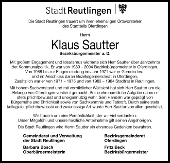 Anzeige von Klaus Sautter von Reutlinger Generalanzeiger