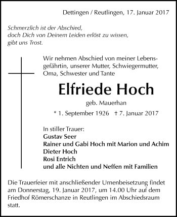 Anzeige von Elfriede Hoch von Reutlinger Generalanzeiger