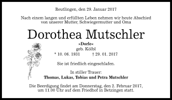 Anzeige von Dorothea Mutschler von Reutlinger Generalanzeiger