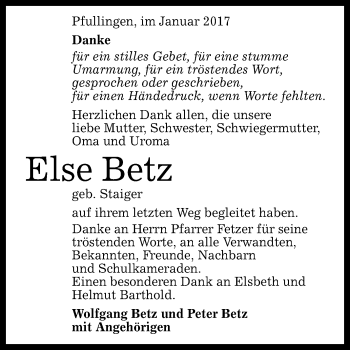 Anzeige von Else Betz von Reutlinger Generalanzeiger