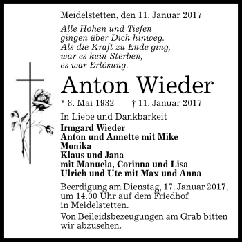 Anzeige von Anton Wieder von Reutlinger Generalanzeiger