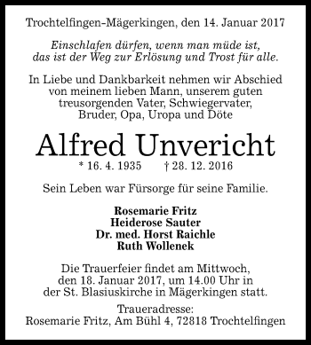 Anzeige von Alfred Unvericht von Reutlinger Generalanzeiger