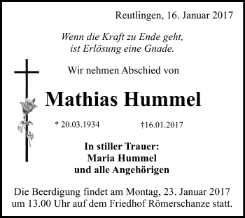 Anzeige von Mathias Hummel von Reutlinger Generalanzeiger