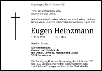 Anzeige von Eugen Heinzmann von Reutlinger Generalanzeiger