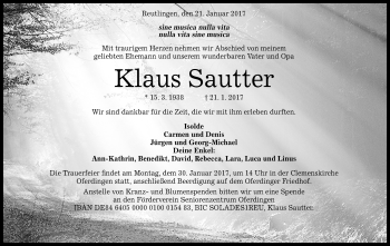 Anzeige von Klaus Sautter von Reutlinger Generalanzeiger