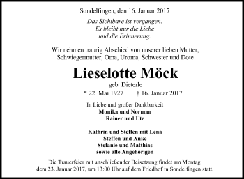 Anzeige von Lieselotte Möck von Reutlinger Generalanzeiger