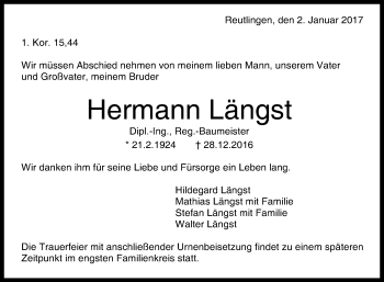 Anzeige von Hermann Längst von Reutlinger Generalanzeiger