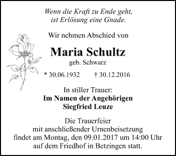 Anzeige von Maria Schultz von Reutlinger Generalanzeiger