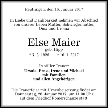 Anzeige von Else Maier von Reutlinger Generalanzeiger