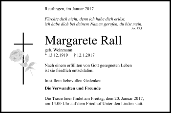 Anzeige von Margarete Rall von Reutlinger Generalanzeiger