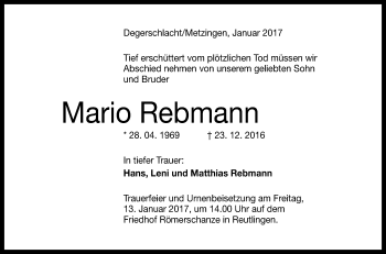 Anzeige von Mario Rebmann von Reutlinger Generalanzeiger