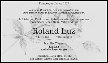 Anzeige von Roland Luz von Reutlinger Generalanzeiger
