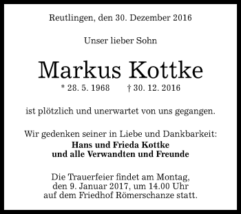 Anzeige von Markus Kottke von Reutlinger Generalanzeiger