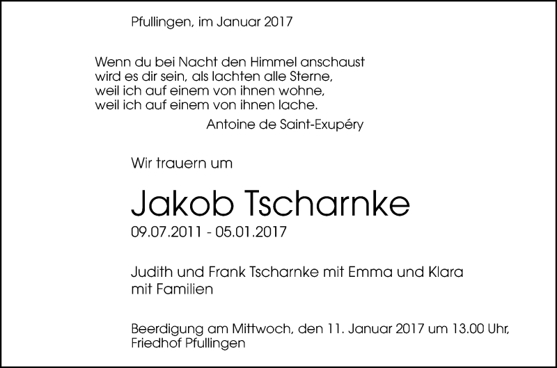  Traueranzeige für Jakob Tscharnke vom 09.01.2017 aus Reutlinger Generalanzeiger