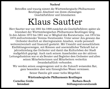 Anzeige von Klaus Sautter von Reutlinger Generalanzeiger