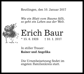 Anzeige von Erich Baur von Reutlinger Generalanzeiger