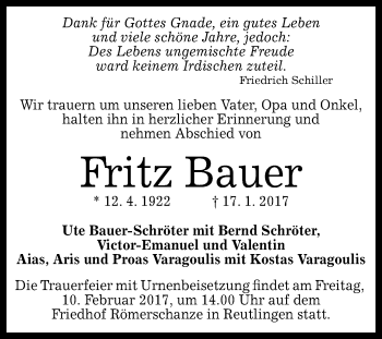 Anzeige von Fritz Bauer von Reutlinger Generalanzeiger