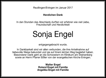 Anzeige von Sonja Engel von Reutlinger Generalanzeiger