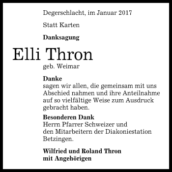 Anzeige von Elli Thron von Reutlinger Generalanzeiger