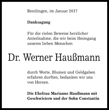 Anzeige von Werner Haußmann von Reutlinger Generalanzeiger