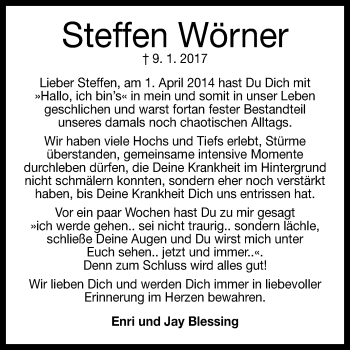 Anzeige von Steffen Wörner von Reutlinger Generalanzeiger
