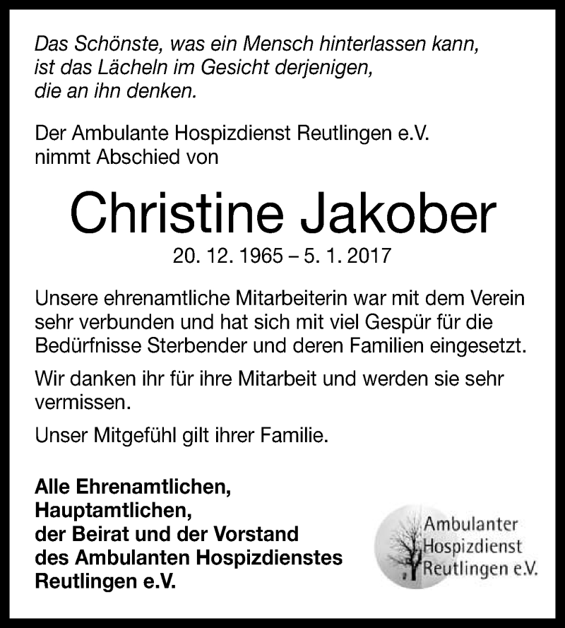  Traueranzeige für Christine Jakober vom 10.01.2017 aus Reutlinger Generalanzeiger