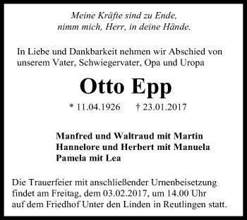 Anzeige von Otto Epp von Reutlinger Generalanzeiger