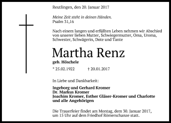 Anzeige von Martha Renz von Reutlinger Generalanzeiger