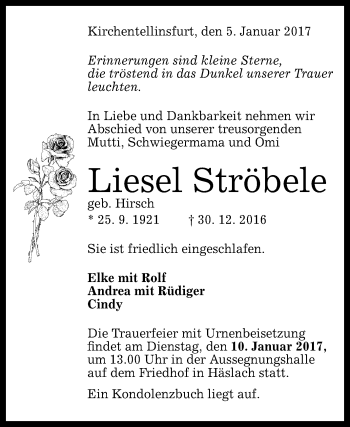 Anzeige von Liesel Ströbele von Reutlinger Generalanzeiger