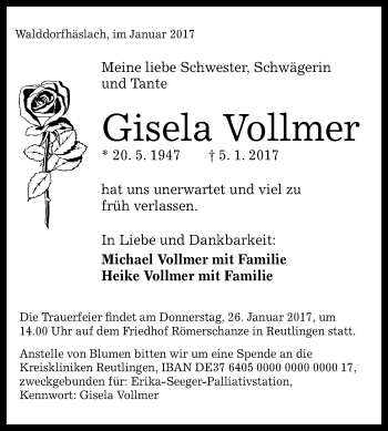 Anzeige von Gisela Vollmer von Reutlinger Generalanzeiger
