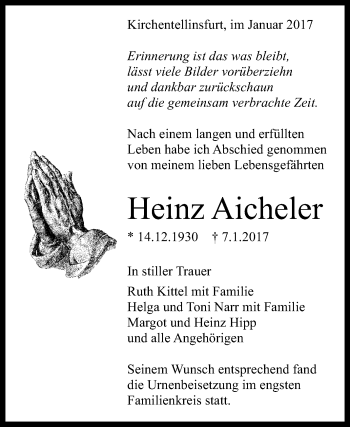 Anzeige von Heinz Aicheler von Reutlinger Generalanzeiger