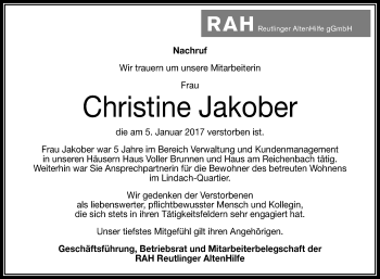 Anzeige von Christine Jakober von Reutlinger Generalanzeiger