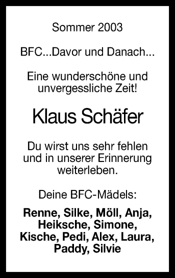 Anzeige von Klaus Schäfer von Reutlinger Generalanzeiger