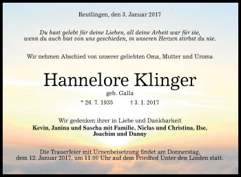 Anzeige von Hannelore Klinger von Reutlinger Generalanzeiger