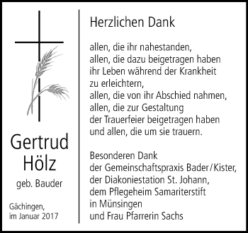 Anzeige von Gertrud Hölz von Reutlinger Generalanzeiger