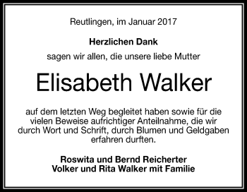 Anzeige von Elisabeth Walker von Reutlinger Generalanzeiger