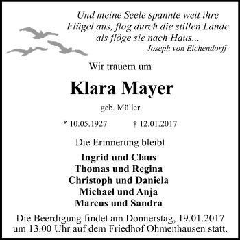 Anzeige von Klara Mayer von Reutlinger Generalanzeiger
