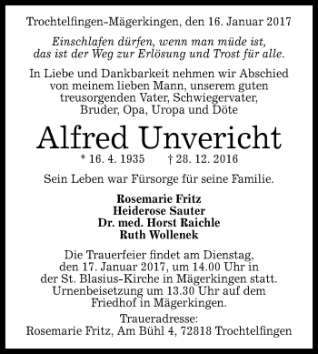 Anzeige von Alfred Unvericht von Reutlinger Generalanzeiger