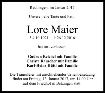 Anzeige von Lore Maier von Reutlinger Generalanzeiger