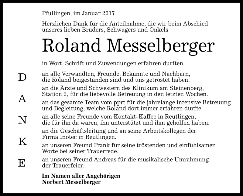  Traueranzeige für Roland Messelberger vom 21.01.2017 aus Reutlinger Generalanzeiger