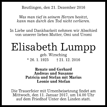 Anzeige von Elisabeth Lumpp von Reutlinger Generalanzeiger