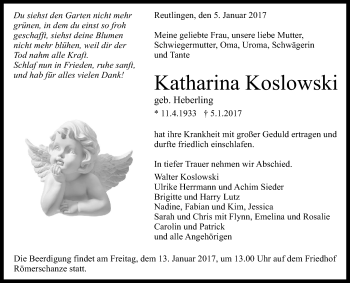 Anzeige von Katharina Koslowski von Reutlinger Generalanzeiger
